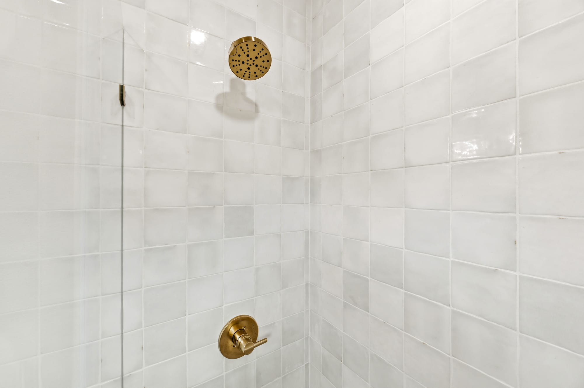 Shower tile with gold fixtures