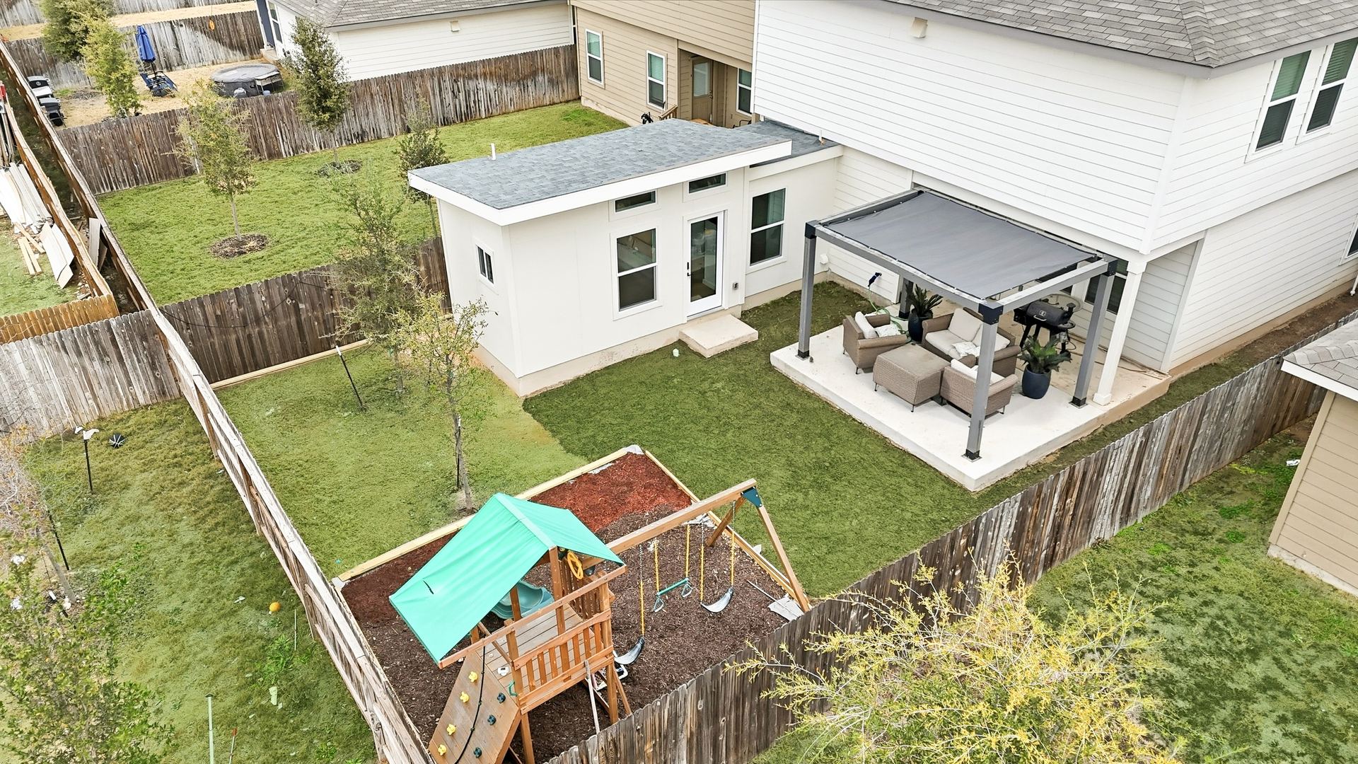 Aerial wide view of backyard